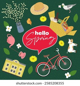 Modern drawing hand drawn square hello spring doodle banner. Features springtime collage with colorful design elements. Perfect for travel, vacation or greeting card themes