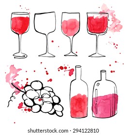 Modern drawing - painting set of wine glasses and bottles isolated on white background. Poster, kitchen print design with blots and splatters.