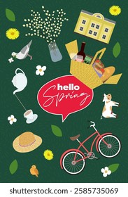 Modern drawing poster hello spring doodle banner. Features springtime collage with colorful design elements. Perfect for travel, vacation or greeting card themes. Creative placard