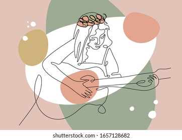 Modern drawing of woman with a guitar, concept, woman minimalist with geometric doodle abstract shapes in trendy warm color palette. One line continuous drawing.Vector illustration.