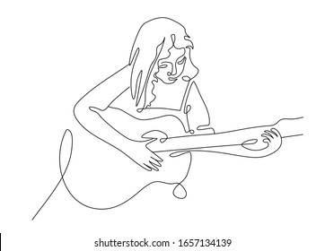 Modern drawing of woman with a guitar. Concept, woman minimalist. One line continuous drawing. Vector illustration.