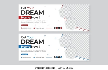 Modelo de diseño de portada de facebook para vivienda de ensueño moderno, línea de tiempo de medios sociales banner de portada de anuncios de marketing, diseño creativo y limpio con fondo blanco, conjunto de conjuntos de colores rojo y azul