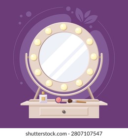 A modern dressing table features a round mirror illuminated by bright bulbs. Beauty products including perfume, blush, and a brush rest on the wooden surface. Perfect for salon and self-care concepts.