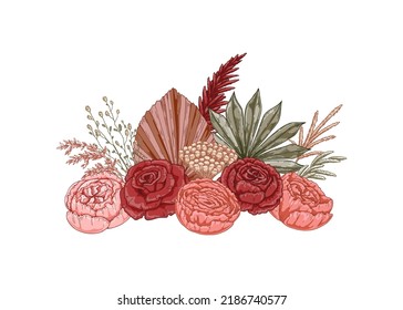 Composición moderna de flores secas. El bouquet de Boho. Ilustración vectorial dibujada por mano
