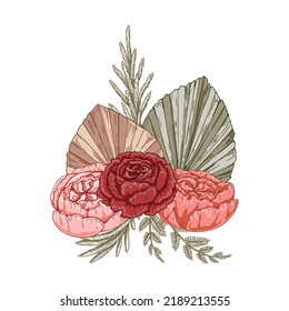 Modern dried flowers composition. Boho bouquet. Hand drawn vector illustration