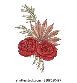 Composición moderna de flores secas. El bouquet de Boho. Ilustración vectorial dibujada por mano