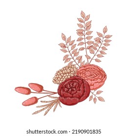 Modern dried flowers composition. Boho bouquet. Hand drawn vector illustration