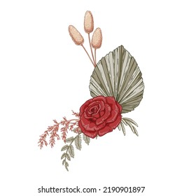 Modern dried flowers composition. Boho bouquet. Hand drawn vector illustration