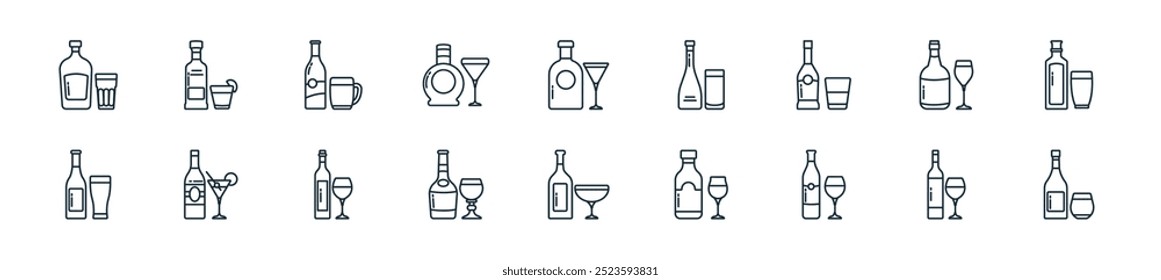 modern drink bottle icon pack. perfect for linear ui designs featuring vector brandy, red wine, wine, rum, sambuca, cognac, vodka and more icons for mobile and web apps.