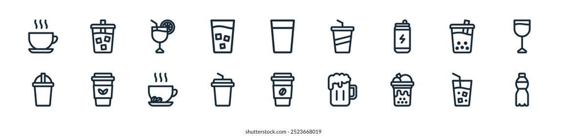 modern drinks icon pack. perfect for linear ui designs featuring vector plastic bottle, ice, ice cream, beer, coffee cup, cup, hot coffee and more icons for mobile and web apps.