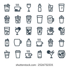 Icono de bebidas modernas. Perfecto para diseños lineales de UI con jugo fresco de Vector, cóctel, lata de refresco, té caliente, taza de papel y más iconos.