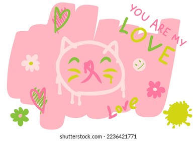Modern dripping cat face vivid print with hearts and love. Perfect for tee, stickers, poster. Vector illustration for decor and design.

