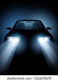 A modern driving car at night with bright generic headlight lamps glowing in the night. Vector illustration.