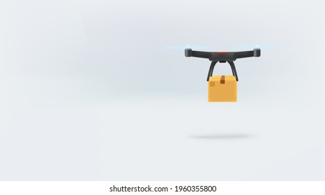 Drone moderno com a caixa. Banner do serviço de entrega com espaço de cópia. Conceito de comunicação. Pronto para um texto