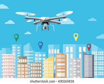 modern drone with camera flying in the sky on cityscape background. with copy space