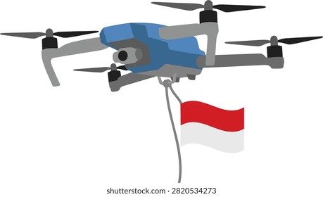 Modern drone carrying the flag of indonesia in the air. A blue and gray quadcopter drone carries a red and white Indonesian flag against a gray backdrop. Ideal for Indonesian Independence Day celebrations or tech flyers.
