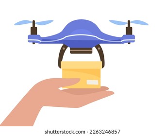 Modern drone delivering parcel flat vector illustration. Hand holding box of food or other goods isolated on white background. Delivery, shipping, modern technology concept