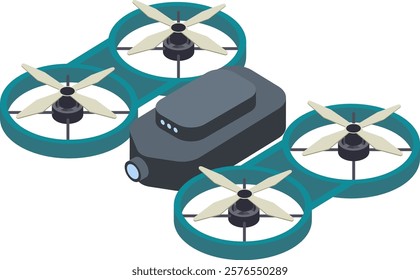 Modern drone equipped with a camera, flying through the sky while recording high quality video. Four propellers rotating, perfect for aerial surveillance and creative filmmaking