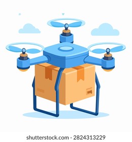 A modern drone equipped with propellers and a cargo box delivering a package through the sky with clouds in the background.