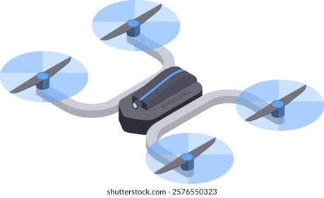 Modern drone featuring four spinning propellers, soaring through the sky, equipped with a camera for capturing stunning aerial photography and videography, presented in an isometric view