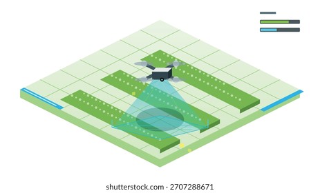 A modern drone flies over planted rows, utilizing advanced sensors to analyze field conditions and gather data in an isometric view.