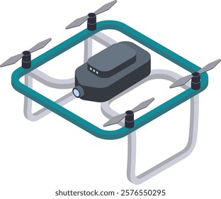 Modern drone with four propellers and camera flying, showing its technology and design in an isometric view, ideal for aerial photography and videography