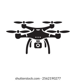  Modern Drone Icon with Camera Showing Aerial Photography Capabilities. Simple, black-and-white vector graphic of a drone, highlighting its key components, including the rotors and camera.