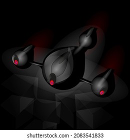 Un dron moderno con fondo negro. Ilustración 3D de un dron volador con una cámara en la noche. Transporte aéreo digital.