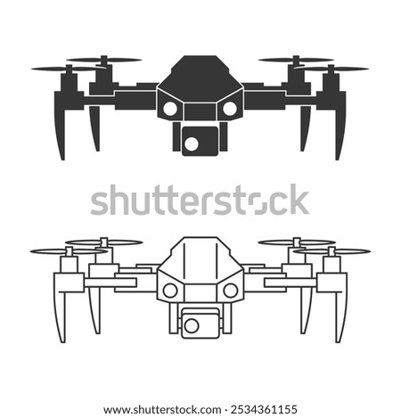 Modern drone quadcopter with a camera in front view - Unmanned surveillance and reconnaissance aerial vehicle, monochrome and thin line