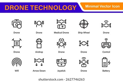 Iconos modernos de Tecnología de drones: contorno limpio, arte lineal y Ilustraciones vectoriales para drones, UAV, robótica Aéreas y plataformas digitales