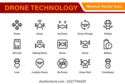 Modern Drone Technology Icons – Clean Outline, Line Art, and Vector Illustrations for Drones, UAVs, Aerial Robotics, and Digital Platforms