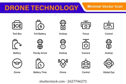 Modern Drone Technology Icons – Clean Outline, Line Art, and Vector Illustrations for Drones, UAVs, Aerial Robotics, and Digital Platforms