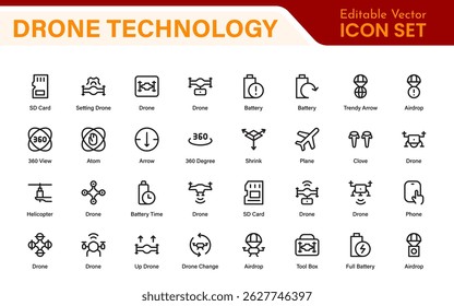 Symbole der modernen Drohnentechnologie - Clean Outline, Line Art und Vektorgrafiken für Drohnen, UAVs, Flugrobotik und digitale Plattformen