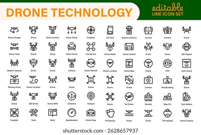 Modern Drone Technology Icons – Clean Outline, Line Art, and Vector Illustrations for Drones, UAVs, Aerial Robotics, and Digital Platforms