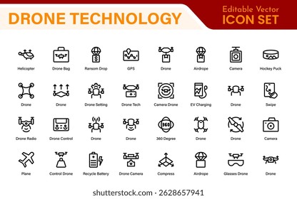 Modern Drone Technology Icons – Clean Outline, Line Art, and Vector Illustrations for Drones, UAVs, Aerial Robotics, and Digital Platforms