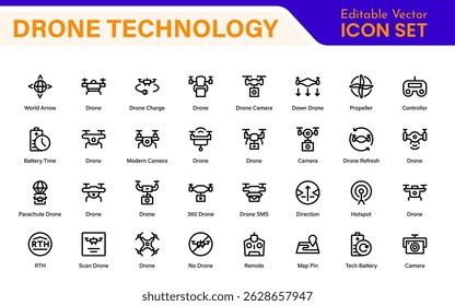 Modern Drone Technology Icons – Clean Outline, Line Art, and Vector Illustrations for Drones, UAVs, Aerial Robotics, and Digital Platforms