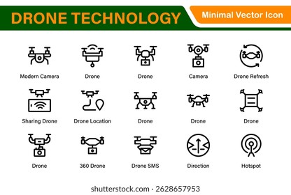 Modern Drone Technology Icons – Clean Outline, Line Art, and Vector Illustrations for Drones, UAVs, Aerial Robotics, and Digital Platforms