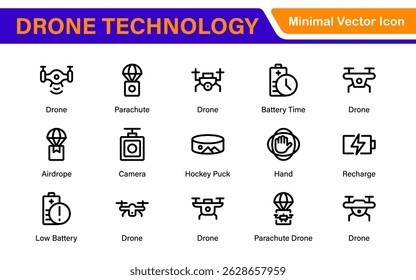 Modern Drone Technology Icons – Clean Outline, Line Art, and Vector Illustrations for Drones, UAVs, Aerial Robotics, and Digital Platforms