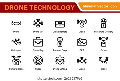 Modern Drone Technology Icons – Clean Outline, Line Art, and Vector Illustrations for Drones, UAVs, Aerial Robotics, and Digital Platforms