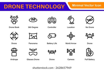 Modern Drone Technology Icons – Clean Outline, Line Art, and Vector Illustrations for Drones, UAVs, Aerial Robotics, and Digital Platforms