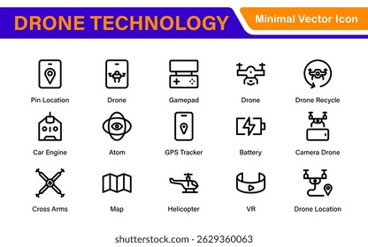 Ícones de tecnologia de drones modernos - Ilustrações de contorno limpo, arte em linha e vetores para drones, vants, robótica aérea e plataformas digitais