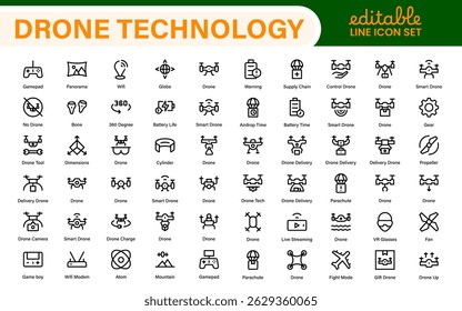 Modern Drone Technology Icons – Clean Outline, Line Art, and Vector Illustrations for Drones, UAVs, Aerial Robotics, and Digital Platforms