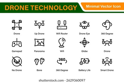 Iconos modernos de Tecnología de drones: contorno limpio, arte lineal y Ilustraciones vectoriales para drones, UAV, robótica Aéreas y plataformas digitales