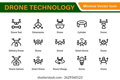 Modern Drone Technology Icons – Clean Outline, Line Art, and Vector Illustrations for Drones, UAVs, Aerial Robotics, and Digital Platforms