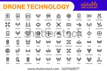 Modern Drone Technology Icons – Clean Outline, Line Art, and Vector Illustrations for Drones, UAVs, Aerial Robotics, and Digital Platforms