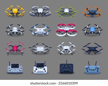 Modern drones and remote controllers flat vector set. Features quadcopters, hexacopters, and FPV drones with colorful designs. Ideal for tech, innovation, aerial photography, surveillance projects.