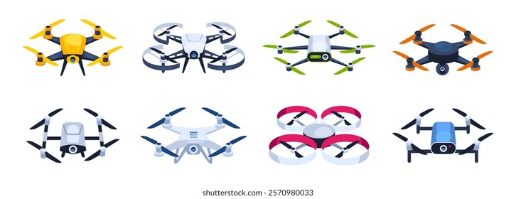 Modern drones and remote controllers flat vector set. Features quadcopters, hexacopters, and FPV drones with colorful designs. Ideal for tech, innovation, aerial photography, surveillance projects.