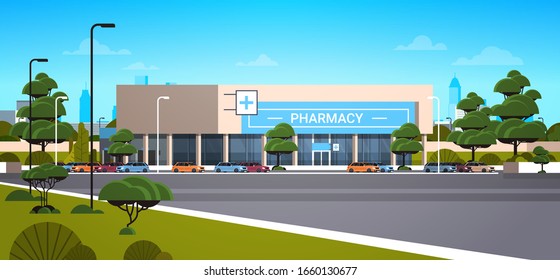 Modern Drugstore Front View Pharmacy Store Building Exterior In Suburban Area Medicine Healthcare Concept Horizontal Vector Illustration