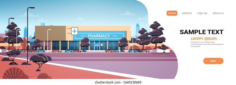 modern drugstore front view pharmacy store building exterior in suburban area medicine healthcare concept horizontal copy space vector illustration