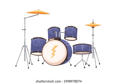 Modern drum kit or set. Percussion music instrument with metal hi-hats, cymbals and toms. Realistic flat cartoon vector illustration isolated on white background